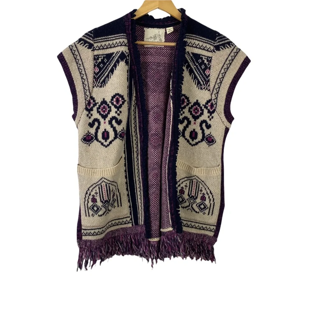 Anthro Angel of the North Warm Sweater Vest Wool Blend Navy/Purple/Ivory XS/S